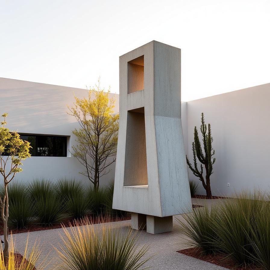 Escultura brutalista en un jardín minimalista